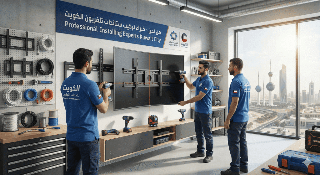 فريق شركة تركيب ستاندات الكويت أثناء تنفيذ أعمال التركيب