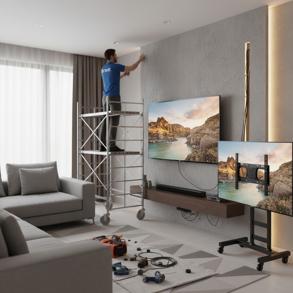 تركيب شاشات عملاقة 75 و 85 بوصة بالكويت | تثبيت آمن مع الكفالة